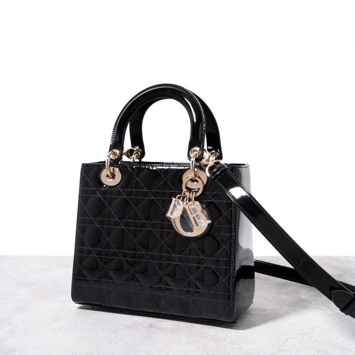 CHRISTIAN DIOR LADY DIOR MEDIUM BAG CALFSKIN LEATHER BLACK