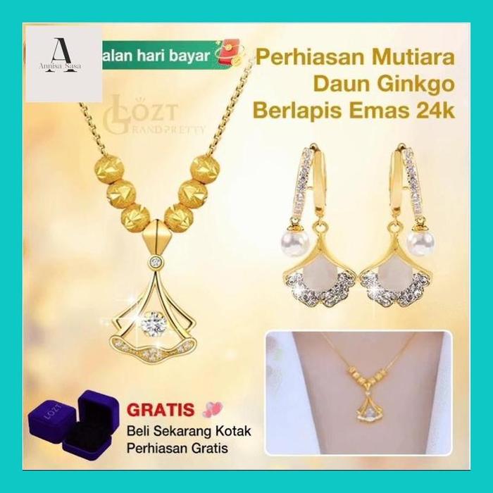 Anni_- 【100% Asli】Lozt Kalung Anting Emas Asli 24K Anting Mutiara Emas 22K Lombok Kalung Anting Daun