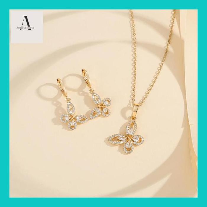 Anni_- Lanme Jewelry Kalung Anting Kupu-Kupu Titanium Set Lapis Emas Titanium Asli Anti Luntur Anti 