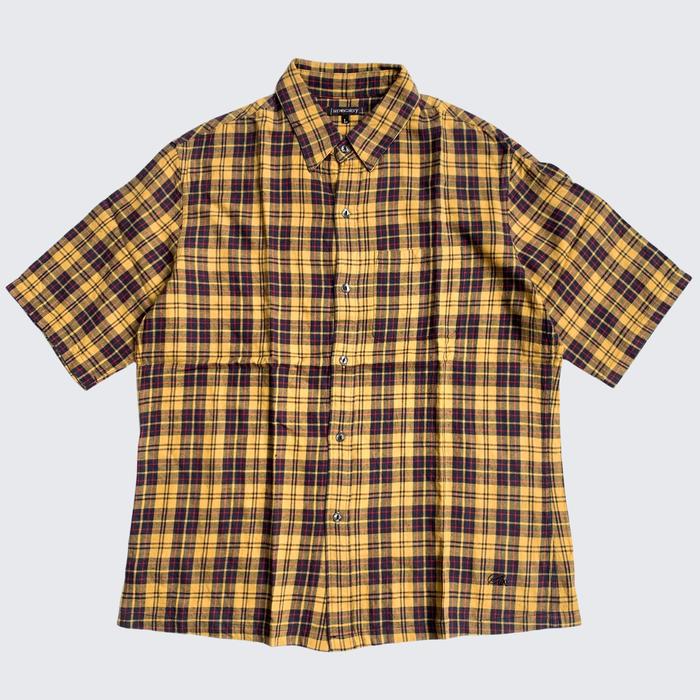 Yellow Brown Plaid Pattern Subciety Japan 2000s Mens Flannel Shortshirts - Unisex - L