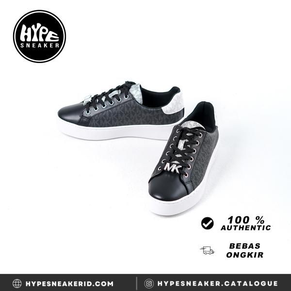 Sepatu MICHAEL KORS MK MONOGRAM BLACK SILVER BUCKLE SNEAKER 100% ORIGINAL