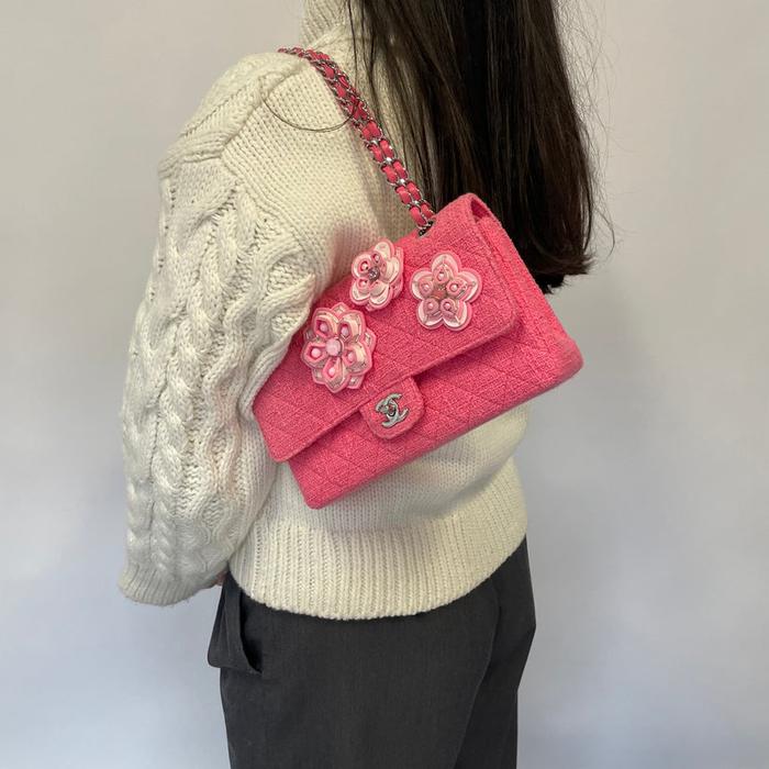 Bag Very Rare Chanel Pink Tweed Crystal Sakura Flower Flap Bag SHW