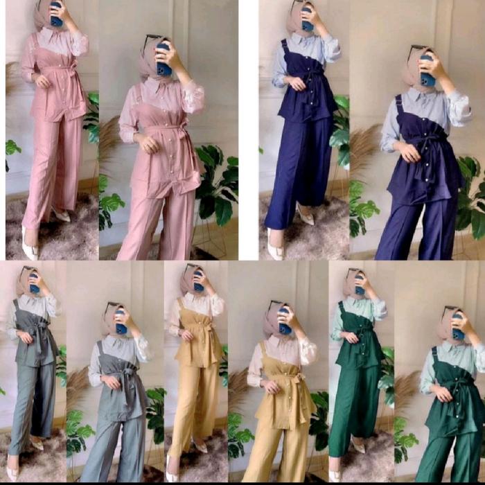 jovi set 3in1 murah/baju setelan kemeja rompi celana panjang wanita