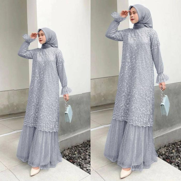 Maxi gamis wanita terbaru muslim bahan tile mutiara polos Dalaman Kombinasi Panjang Lilac Dress Pest