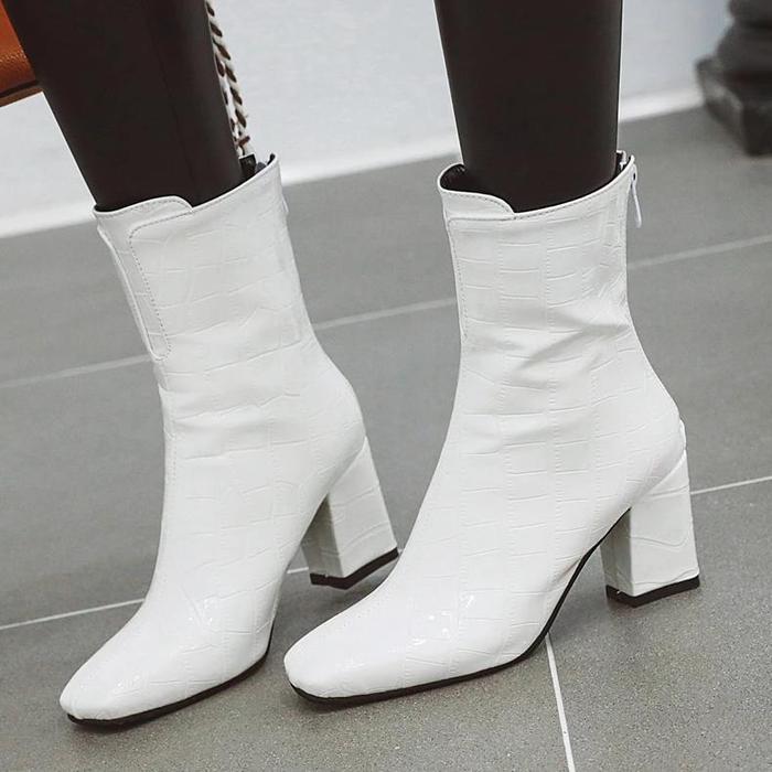 Autumn Women'S Ankle Boots Shoes Snake Leather Block High Heel Red White Short Boot Female Fashion W