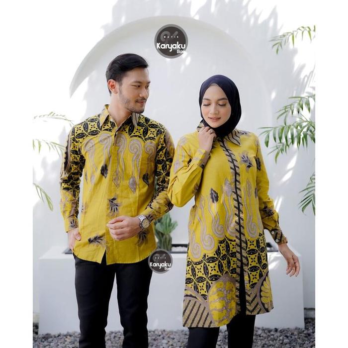 [ New ] Batik Couple Tunik Zipper Resleting Kemeja Panjang Lemon Green Karyaku Bae