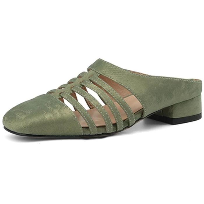 Summer Mules Shoes Women Slipper Casual Low Heels Close Toe Sandals Designer Slides Ladies Green Nud