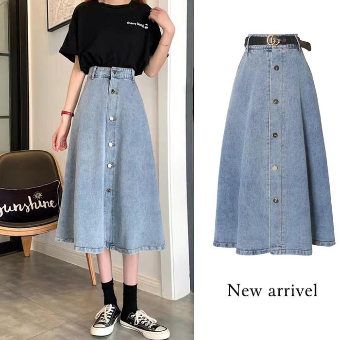[ New ] Wanita_Iok Kancing Depan Rok Plisket Rok Korean Style Rok Midi Rok Denim Panjang Rok High Wa