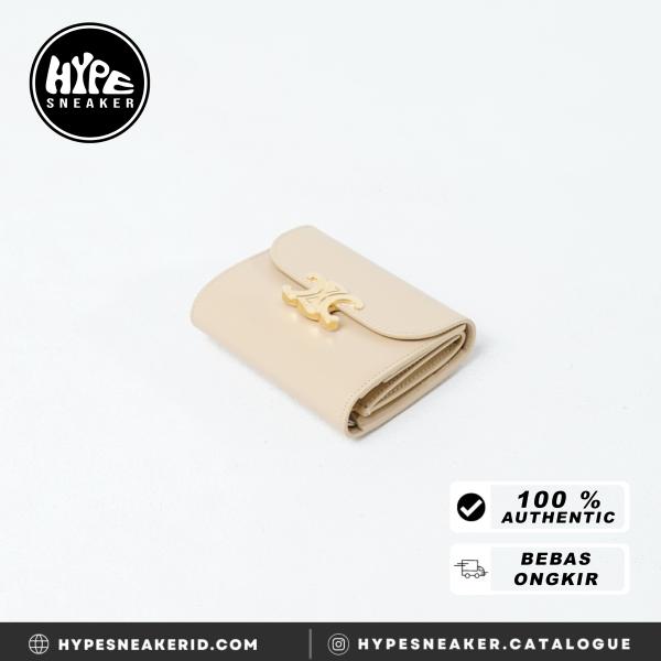 Dompet CELINE TRIOMPHE SHINY CALFSKIN BEIGE TRIFOLD WALLET 100% ORIGINAL