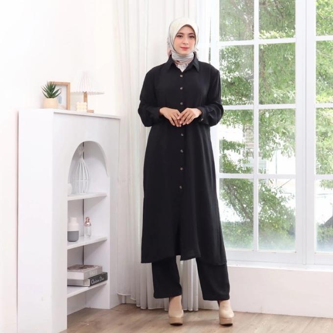 SETCEL TUNIK BELLA STELAN CELANA LONG TUNIK RAYON CRINKLE KANCING MDL