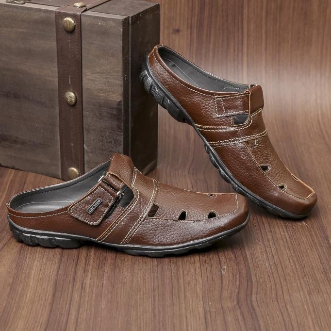 Catenzo RD 412 - Bustong Kulit Pria | Sepatu Sandal Laki-Laki Coklat Bahan Kulit Sol TPR Asli 100% B