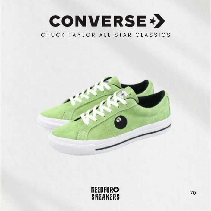 SEPATU STUSSY X CONVERSE ONE STAR PRO OX LOW 8 BALL GREEN FLASH WHITE BLACK