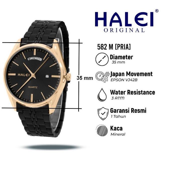 Halei 582 M Jam Tangan Pria Halei Original Anti Air Rantai Stainless Back Tanggal Hari Aktif Analog 