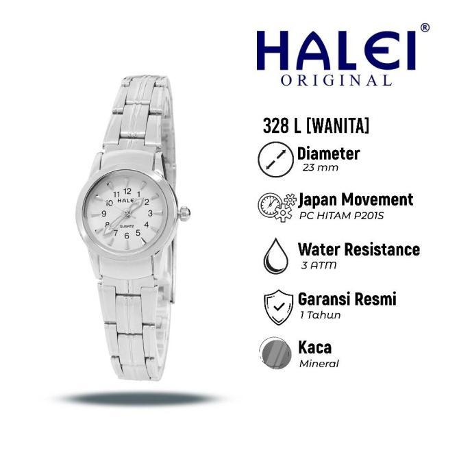 Halei 328 L Jam Tangan Wanita Halei Original Kecil Anti Air Rantai Stainless Back Analog Kekinian -B