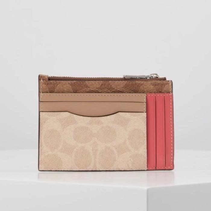 Coach Card Holder Zipper Wallet Coin Purse Coach wallet Women ChocolatePink Dompet Kartu Seleting Ce