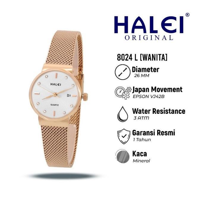Halei 8024 L Jam Tangan Wanita Halei Original Fashion Anti Air Rantai Stainless Back Tanggal Analog