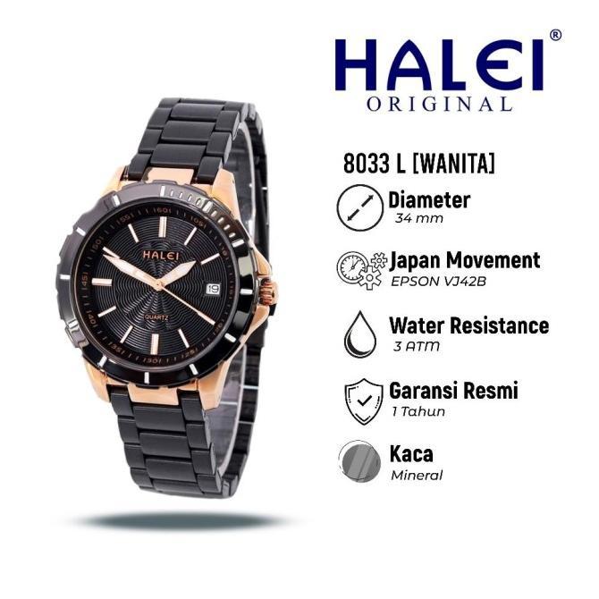 Halei 8033 L Jam Tangan Wanita Halei Original Anti Air Rantai Stainless Back Tanggal Analog Kekinian