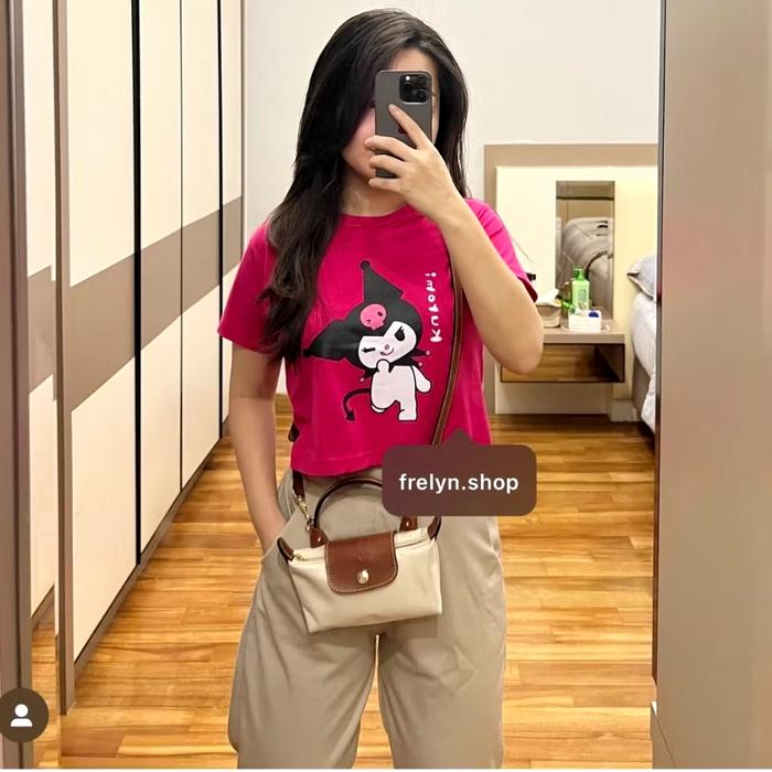 Kuromi Crop Top Oversized T Shirt Katun Combed 30s ( LD:96cm ) / Baju Crop Top Kuromi Fuschia ( REAL