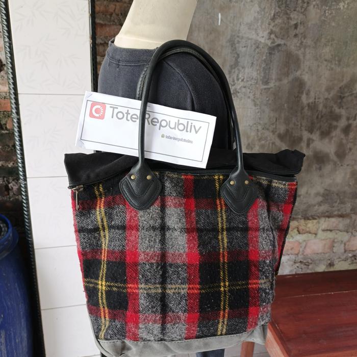LL BEAN  tas vintage tartan wool mix kulit made in USA