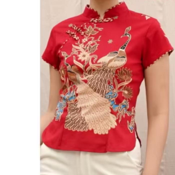 BM - Atasan Blouse Cheongsam Batik Wanita Red Peacock Baju Imlek FML