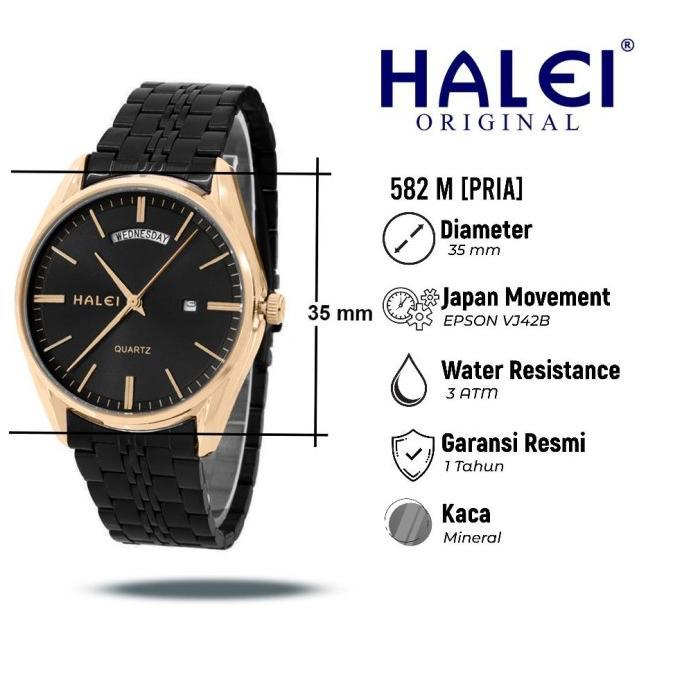 Halei 582 M Jam Tangan Pria Halei Original Anti Air Rantai Stainless Back Tanggal Hari Aktif Analog 