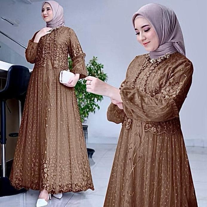Gamis felika pesta dress brukat tile dot LD 90 100 110 120 130 jumbo biru denim PS