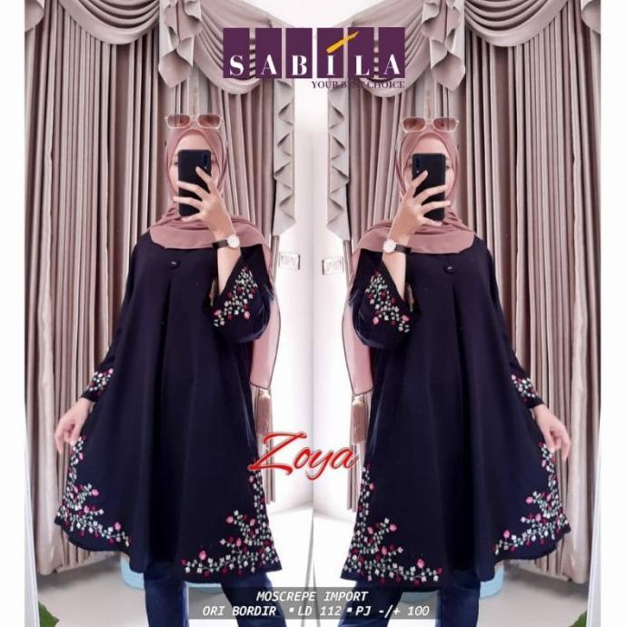 New Zoya Tunik Baju Atasan Wanita hitam black Bordir Modis LD 112cm