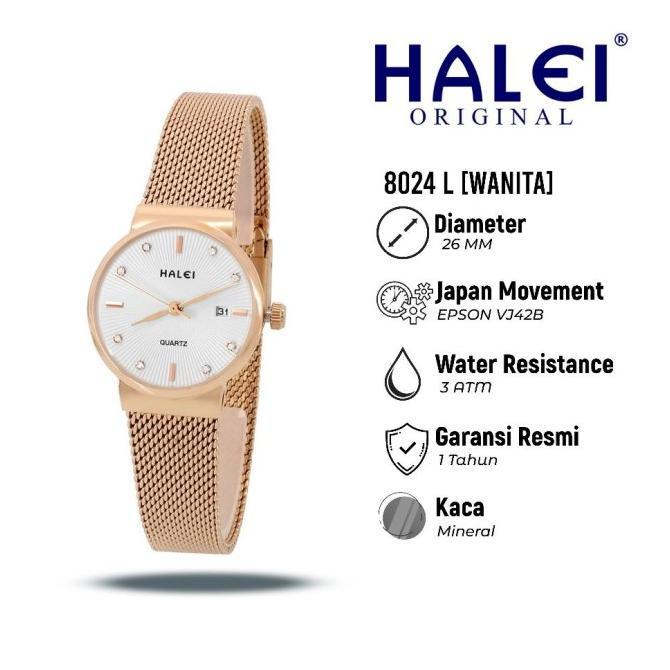 Halei 8024 L Jam Tangan Wanita Halei Original Fashion Anti Air Rantai Stainless Back Tanggal Analog
