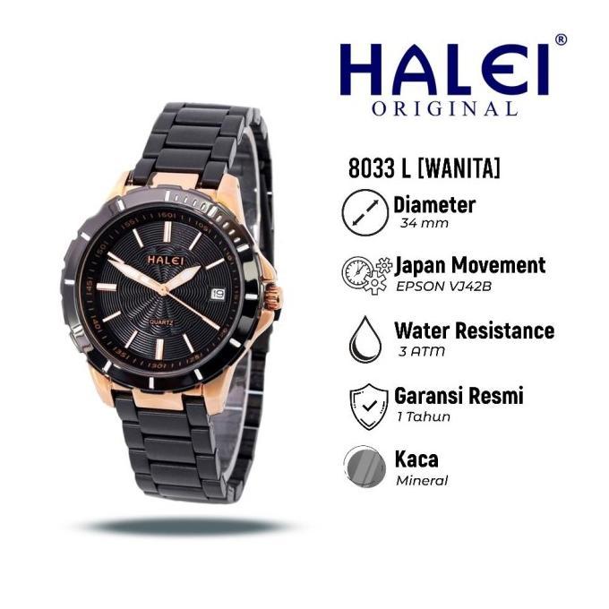 Halei 8033 L Jam Tangan Wanita Halei Original Anti Air Rantai Stainless Back Tanggal Analog Kekinian