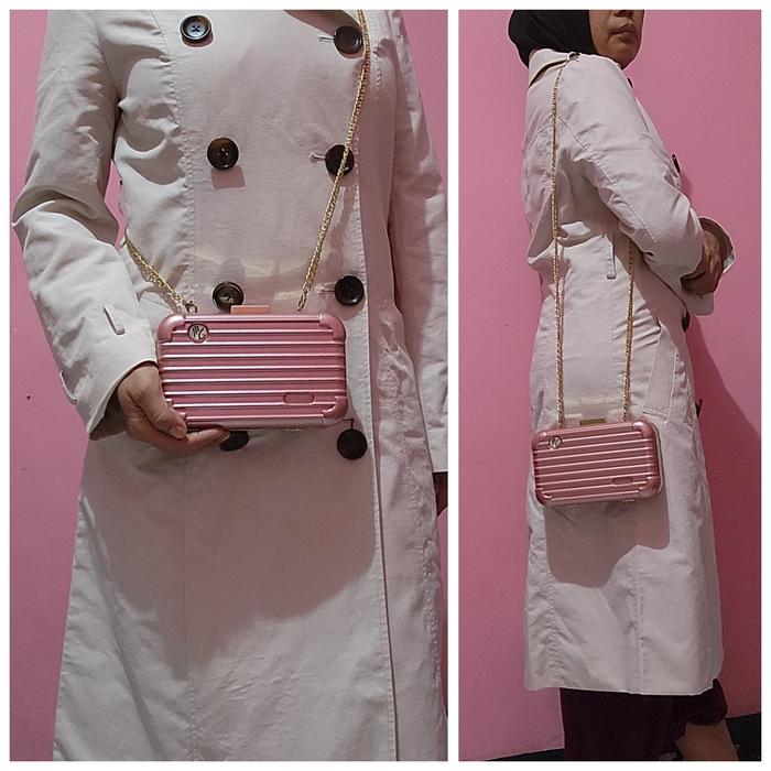 Preloved Tas Sling Rantai Kotak Clutch/Luggage Travel Mini Pesta Pink/Salem/Rosegold 17x10 Hardcase 