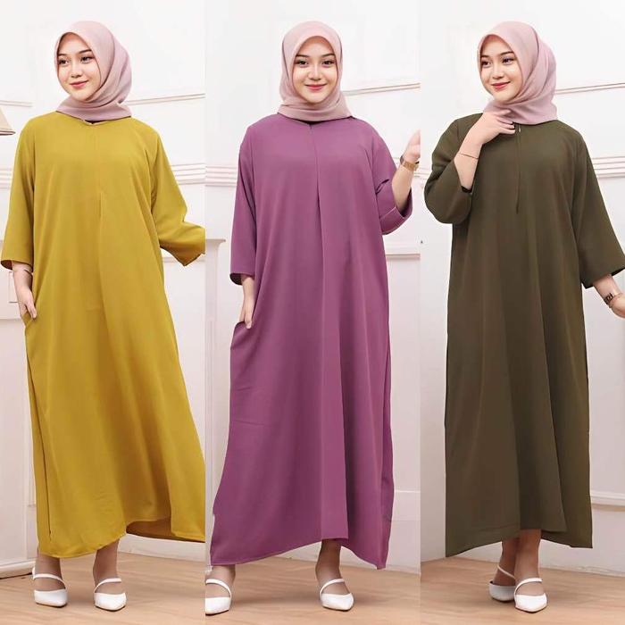 TERMURAH Dress Gamis Daster Tunik Crinkle Airflow Polos Busui Lengan 3/4 Baju Gamis Panjang Santai H