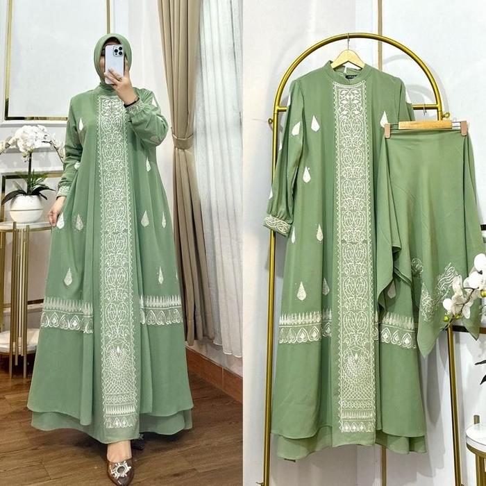 gamis bordir set jilbab segi empat mewah terbaru/gamis ceruty babydoll trendy/dress wanita terlaris