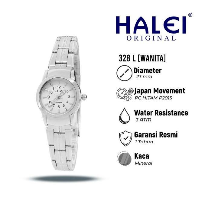 Halei 328 L Jam Tangan Wanita Halei Original Kecil Anti Air Rantai Stainless Back Analog Kekinian -T