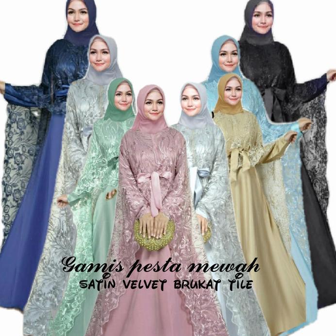 ARELINA hitam gamis pesta premium satin brokat tile ami ktf