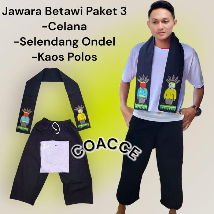Setelan Baju adat Jawara Betawi dapat Celana Pangsi Selendang Ondel dan Kaos Polos