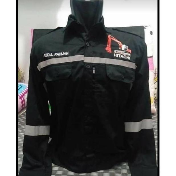 Kemeja Hitachi /baju pria bordir alat berat /kemeja seragam safety first pria kerja proyek/panjang