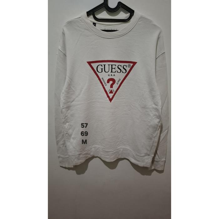 CREWNECK GUESS TRIANGLE LOGO, ORIGINAL, SIZE M (SECOND BRANDED) PUTIH, MULUS