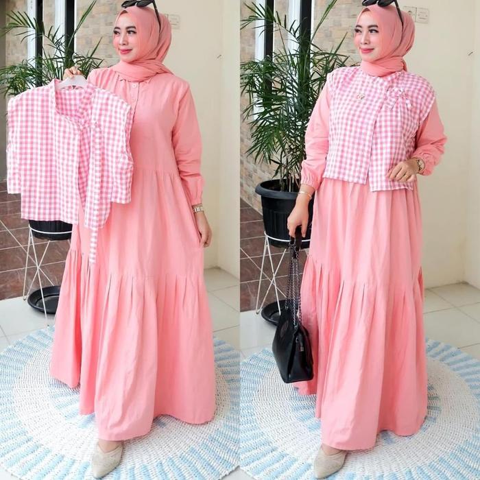 Qf. Gamis Plust Rompi Motif Kotak 888/ Gamis Lebaran / Gamis Rompi Terbaru // Gamis Kekinian // Gami