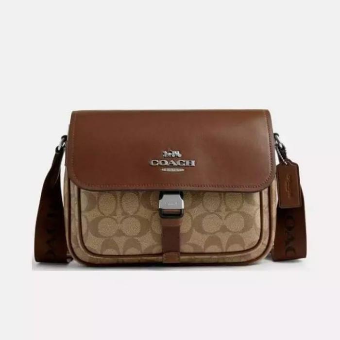Tas Coach CR131 Coach Pace Messenger Bag In Signature Canvas Khaki Saddle 100% Authentic Original
