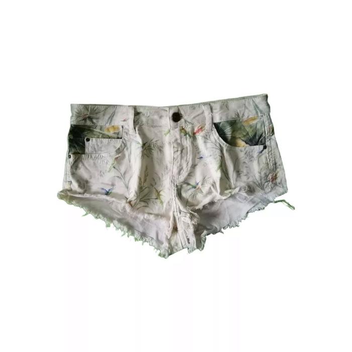 Zara Trafaluc White Flower Pattern All Over Cropped Hot Pants Celana Pendek Cewek Wanita Original Se