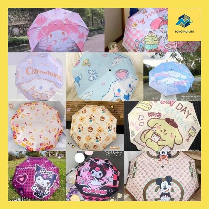 Mujlt^ Payung Lipat Otomatis Karakter Melody Cinnamoroll Winnie The Pooh Lotso Pompompurin Kuromi Mi