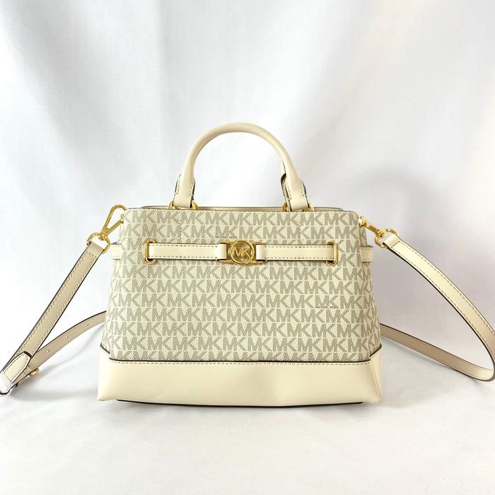 tas wanita mk reed small belted satchel lt cream multi vj