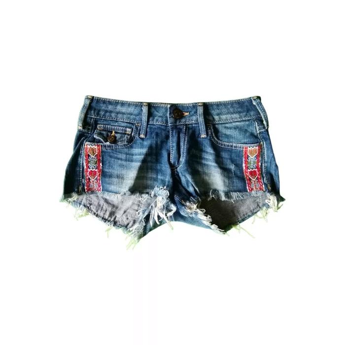 True Religion Pocket Navajo Pattern Cropped Blue Denim Hot Pants Celana Pendek Cewek Wanita Original