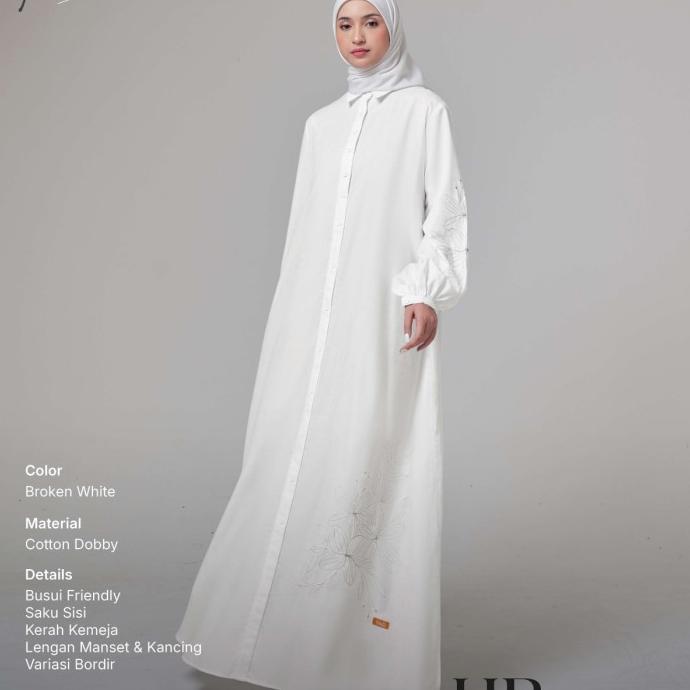 Gamis Nibras Terbaru Hp 004 Warna Putih Tulang Broken White Cantik Busui Bahan Katun Dobby Adem Vari