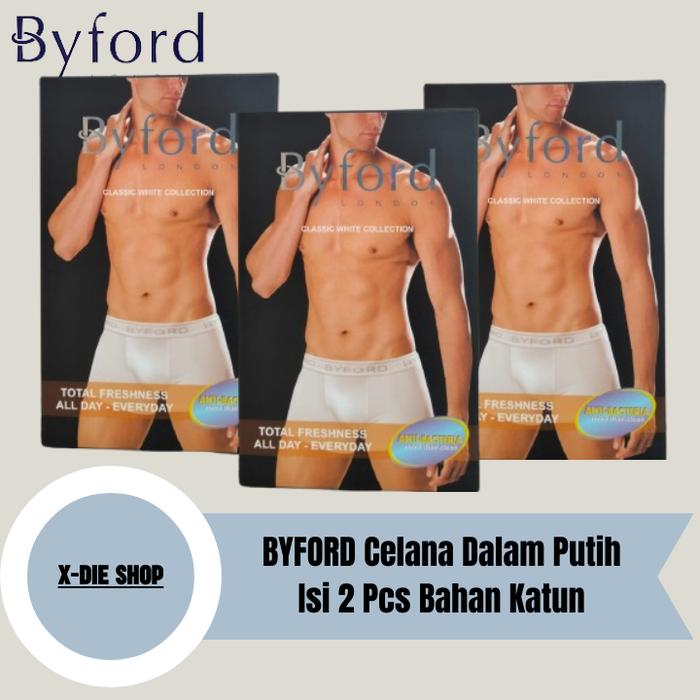Celana Dalam Boxer Shorty BYFORD Putih 2 Pcs All White Bahan Katun Anti Bakteria