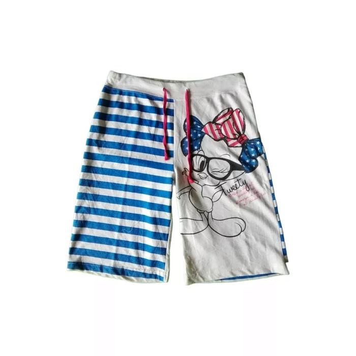 Tweety Striped Pattern Graphic White and Blue Official Cartoon Short Pants Celana Pendek Original Se