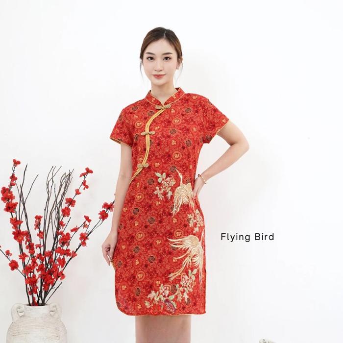 Dress Cheongsam Wanita Batik Lengan Pendek Dres Selutut Baju Wanita China Tradisional
