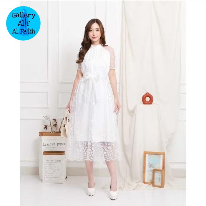 HM JB Long dress annabelle Jumbo brukat gaun pesta lengan pendek putih white M L XL XXL