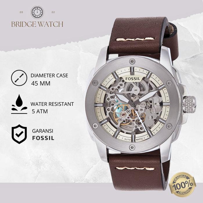 Jam Tangan Pria Fossil ME3083 Machine Automatic Skeleton Dial Brown Leather Strap Kulit Coklat Casua