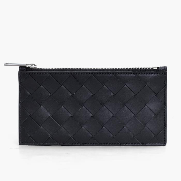 BOTTEGA VENETA Men Long Intrecciato Zippered Card Case Wallet in Black Calfskin